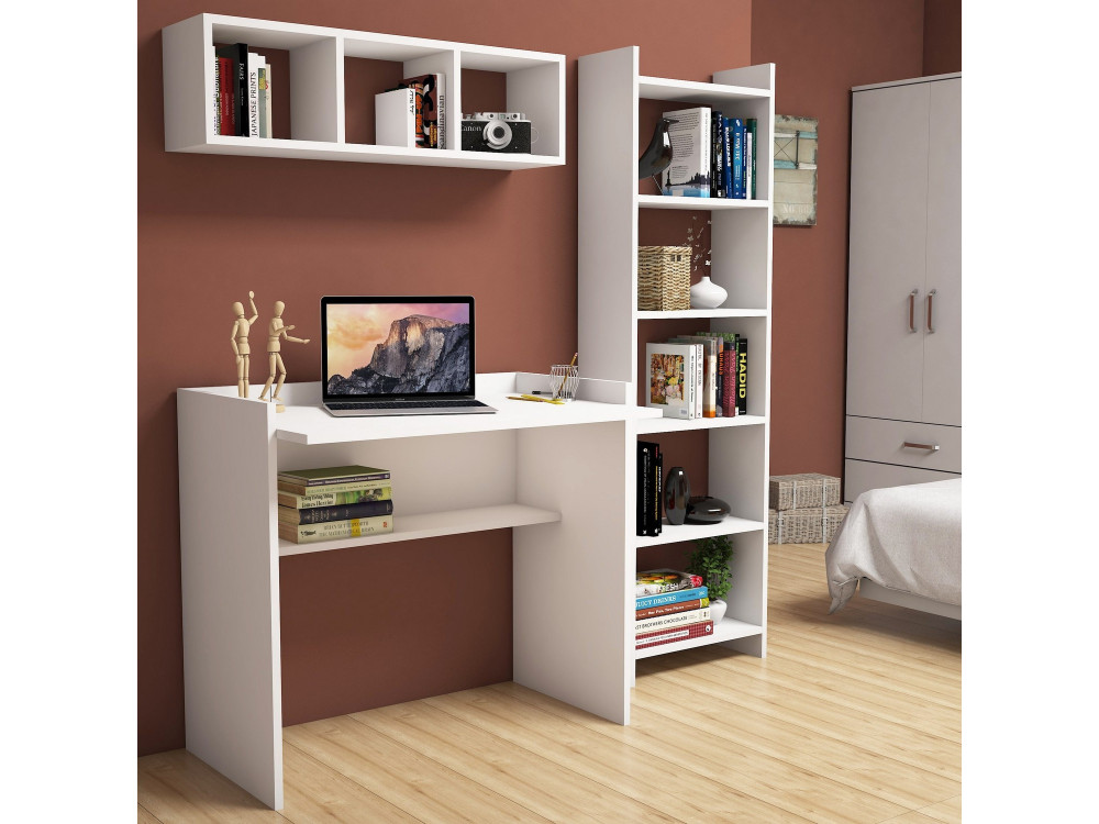 Schreibtisch mit Bücherregal und Wandregal aus Holz "Matilda" - 90 x 58 x 80 cm - Weiß