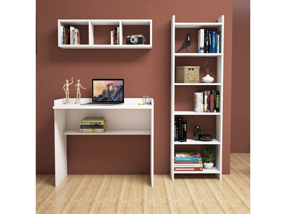 Schreibtisch mit Bücherregal und Wandregal aus Holz "Matilda" - 90 x 58 x 80 cm - Weiß
