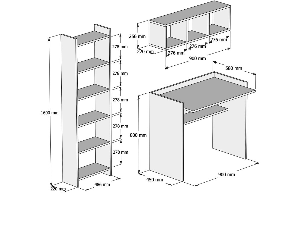Schreibtisch mit Bücherregal und Wandregal aus Holz "Matilda" - 90 x 58 x 80 cm - Weiß