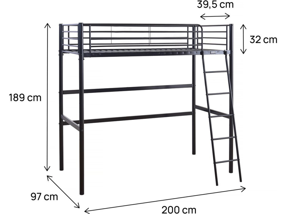 Hochbett aus Metall "Alora" - 90 x 190 cm - Schwarz