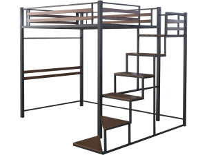 Metall-Hochbett mit Treppe "LENA" - 140 x 200 cm - Schwarz und Walnussbraun