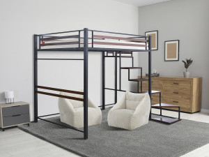Metall-Hochbett mit Treppe "LENA" - 140 x 200 cm - Schwarz und Walnussbraun 2