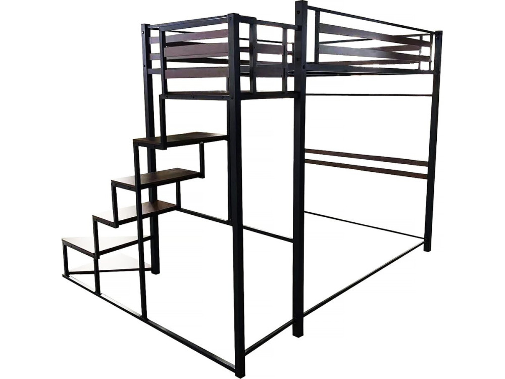 Metall-Hochbett mit Treppe "LENA" - 140 x 200 cm - Schwarz und Walnussbraun