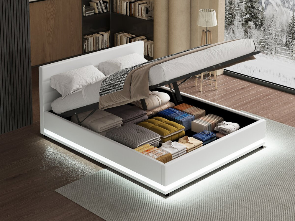 Bett mit LED und Bettkasten "Anastasia" - 140 x 190 cm - Weiß