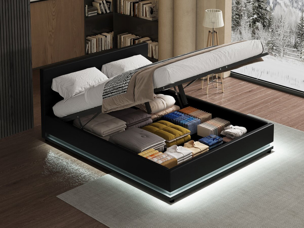 Bett mit LED und Bettkasten "Anastasia" - 160 x 200 cm - Schwarz