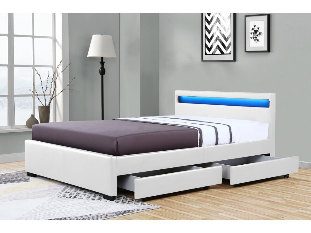 LED-Bett mit 4 Schubladen "Nico" - 160 x 200 cm - Weiß