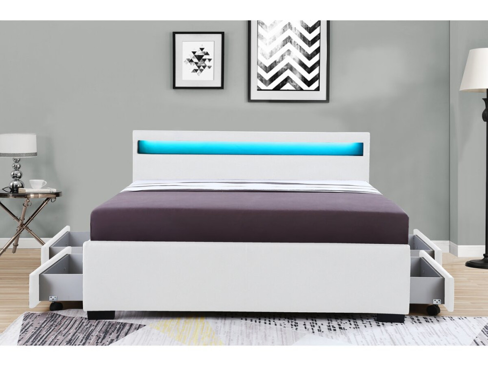 LED-Bett mit 4 Schubladen "Nico" - 160 x 200 cm - Weiß