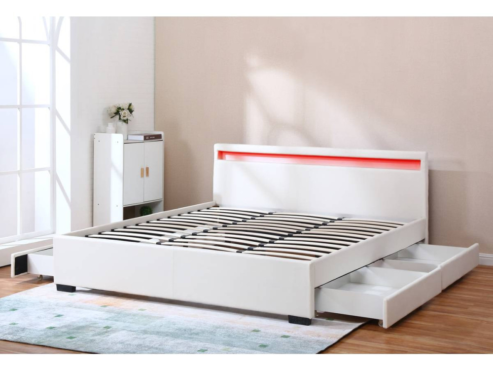 Doppelbett LED mit 4 Schubladen "Nico" - 180 x 200 cm - Weiß