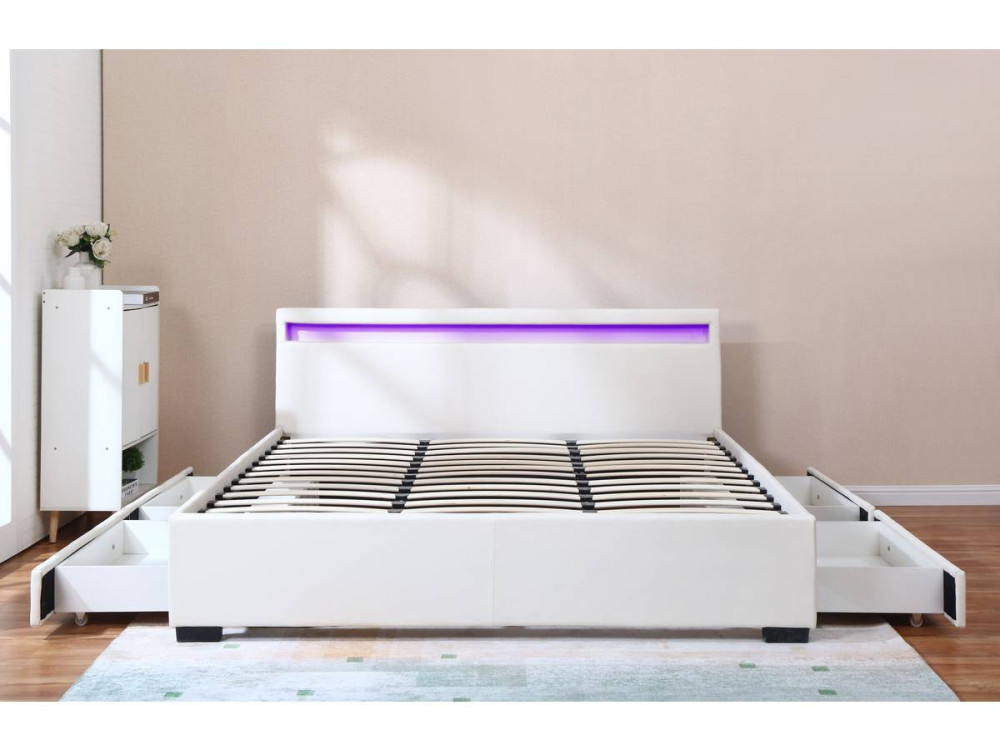 Doppelbett LED mit 4 Schubladen "Nico" - 180 x 200 cm - Weiß