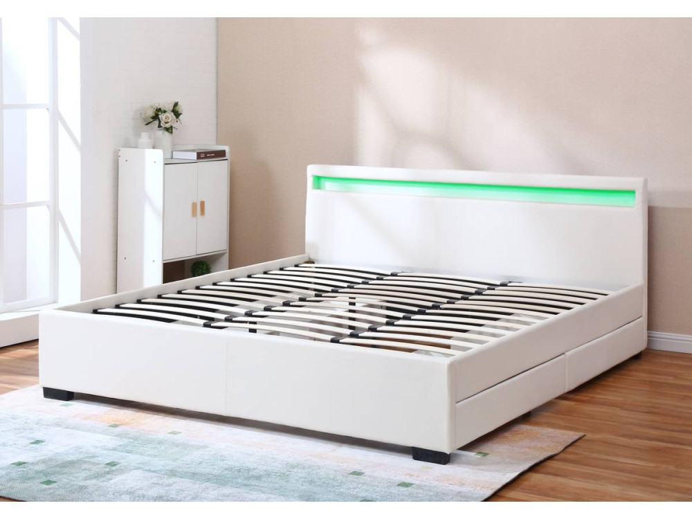 Doppelbett LED mit 4 Schubladen "Nico" - 180 x 200 cm - Weiß