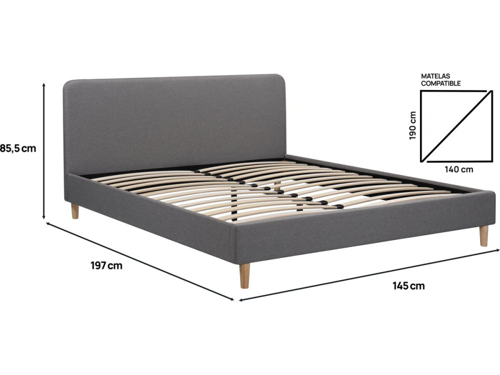 Doppelbett aus Stoff "Louise" - 140 x 190 cm - Grau