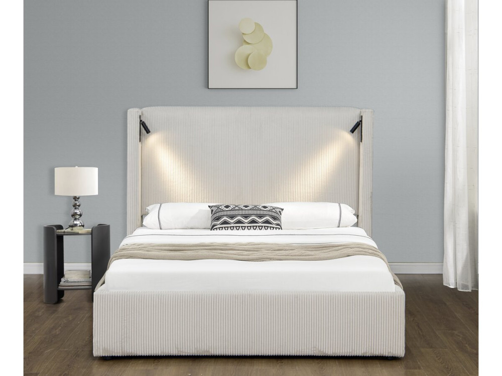 Doppelbett aus Cord mit Bettkasten und integrierter Lampe "Cortina" - 140 x 190 cm-  Beige