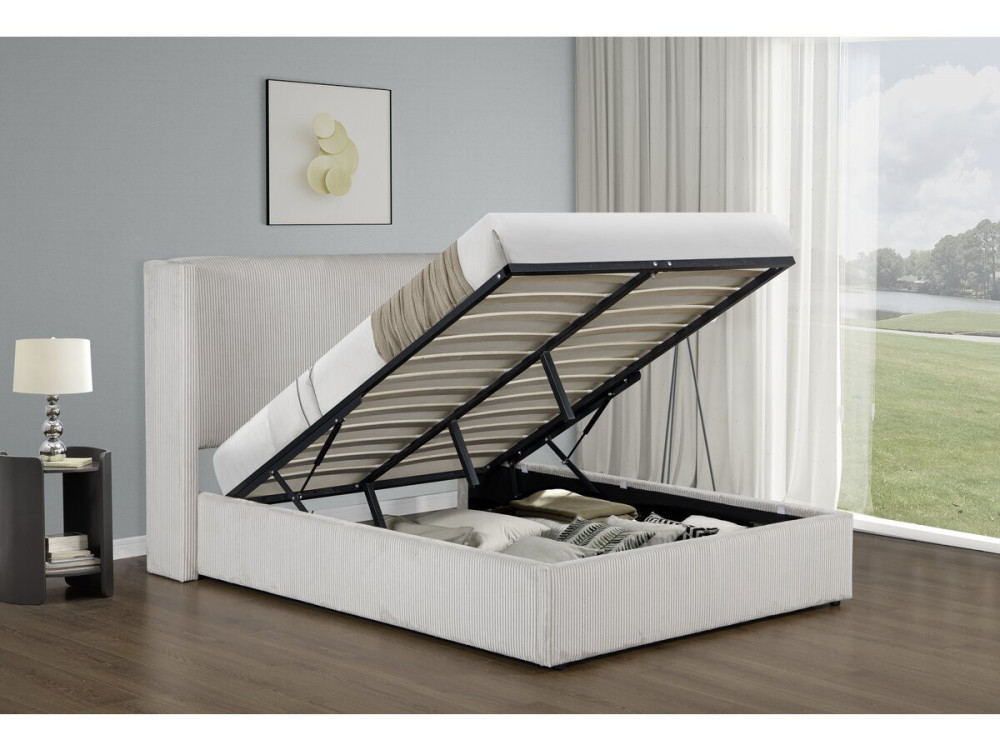 Doppelbett aus Cord mit Bettkasten und integrierter Lampe "Cortina" - 140 x 190 cm-  Beige