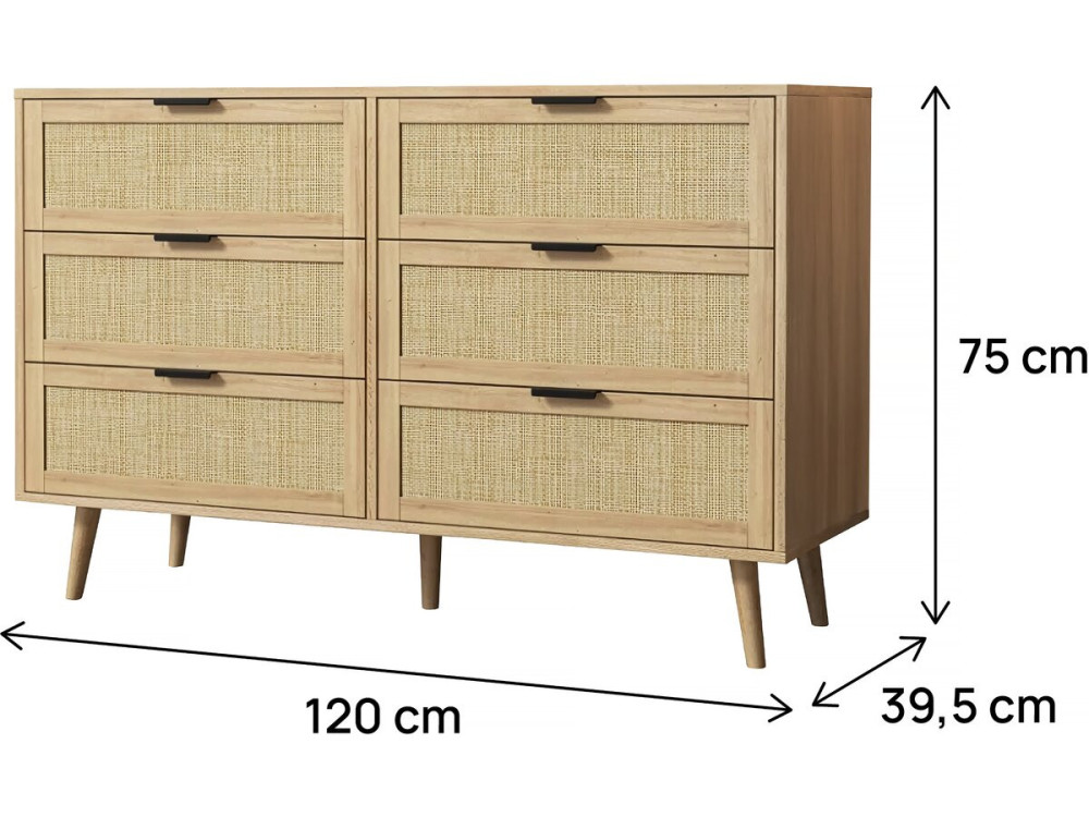 Kommode aus Holz und Rohrgeflecht "Preston" - 120 x 40 x 75 cm - Beige