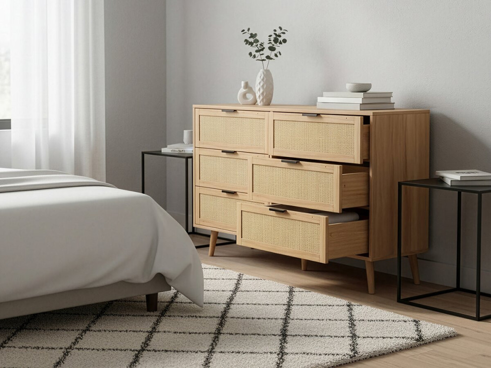 Kommode aus Holz und Rohrgeflecht "Preston" - 120 x 40 x 75 cm - Beige