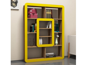 Holz Bücherregal "Orkide" - 108 x 21 x 140 cm - Walnuss, Gelb 2