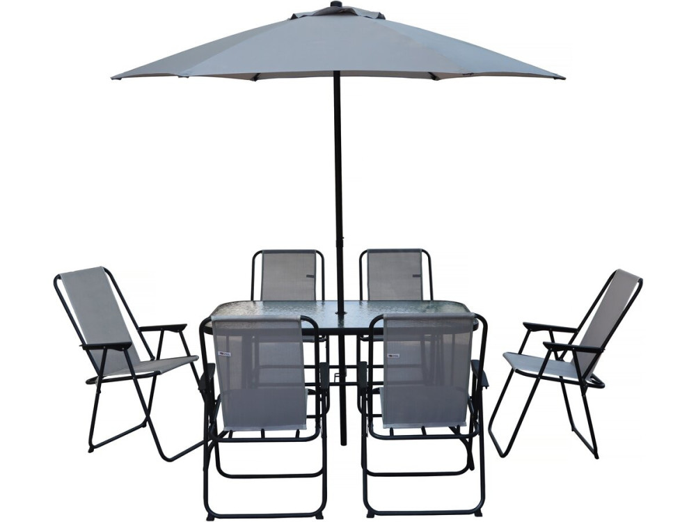 Gartentisch und -stühle mit Sonnenschirm aus Metall "Convivia" - 6 Plätze - Hellgrau