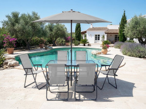 Gartentisch und -stühle mit Sonnenschirm aus Metall "Convivia" - 6 Plätze - Hellgrau 2