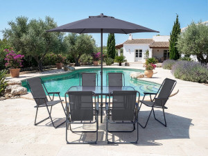 Gartentisch und -stühle mit Sonnenschirm aus Metall "Convivia" - 6 Plätze - Anthrazitgrau 2