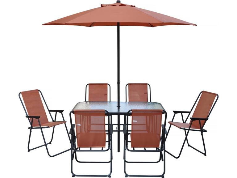 Gartentisch und -stühle mit Sonnenschirm aus Metall "Convivia" - 6 Plätze - Terracotta
