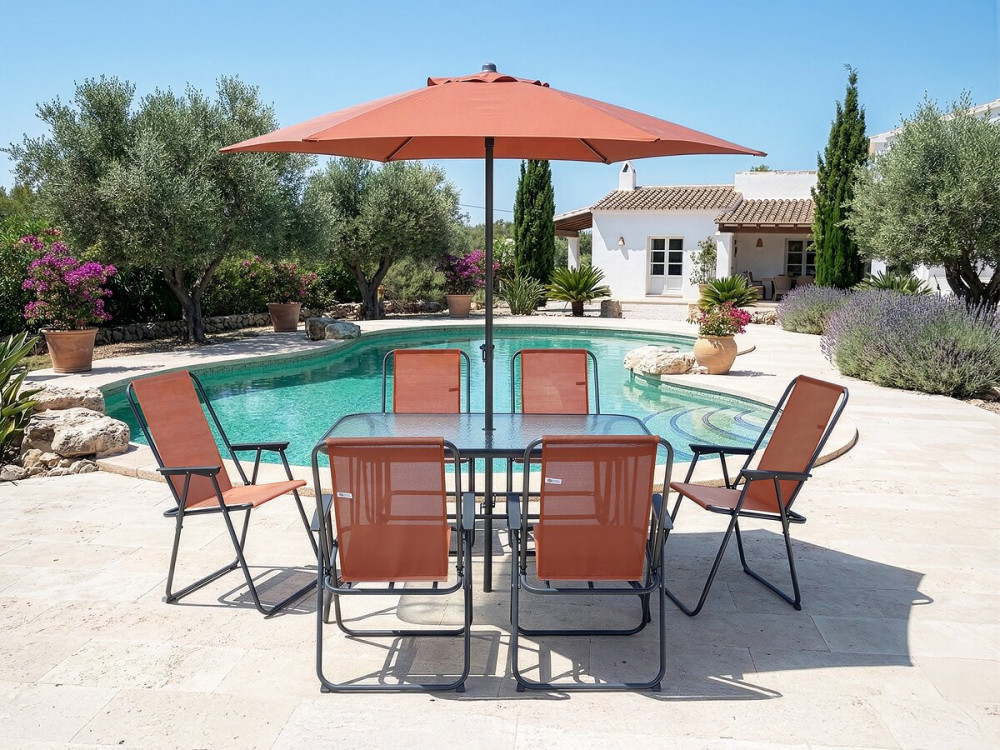 Gartentisch und -stühle mit Sonnenschirm aus Metall "Convivia" - 6 Plätze - Terracotta