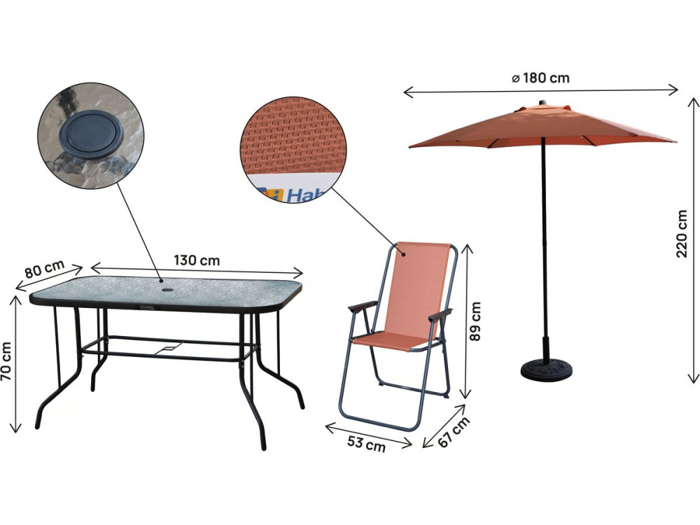 Gartentisch und -stühle mit Sonnenschirm aus Metall "Convivia" - 6 Plätze - Terracotta