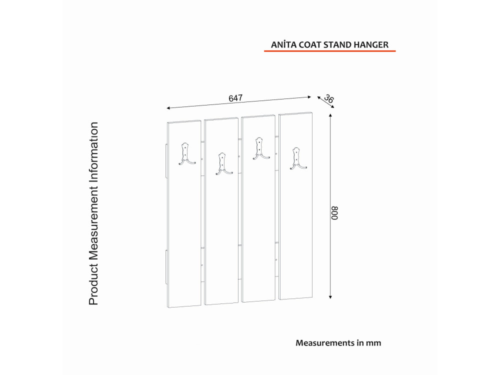 Wandgarderobe aus Holz "Anita" - 64 x 3 x 80 cm - Weiß