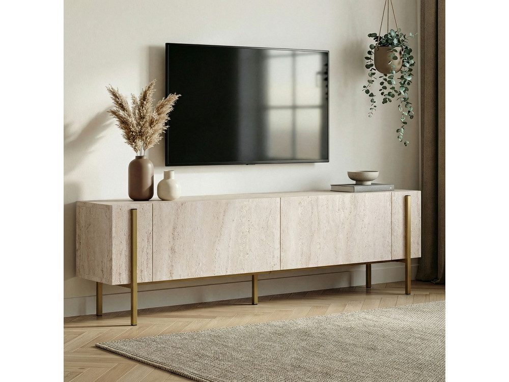 TV-Möbel aus Holz "Nexus" - 180 x 30 x 45 cm - Travertin / Gold