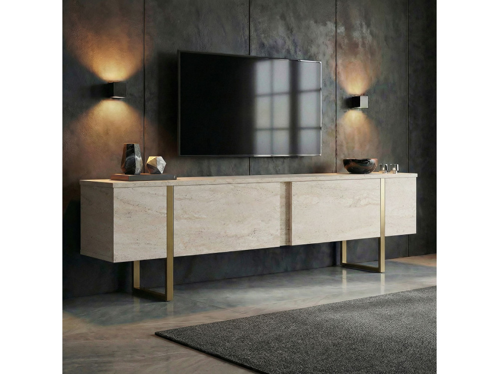 TV-Möbel aus Holz "Onera" - 180 x 30 x 50 cm - Travertin / Gold