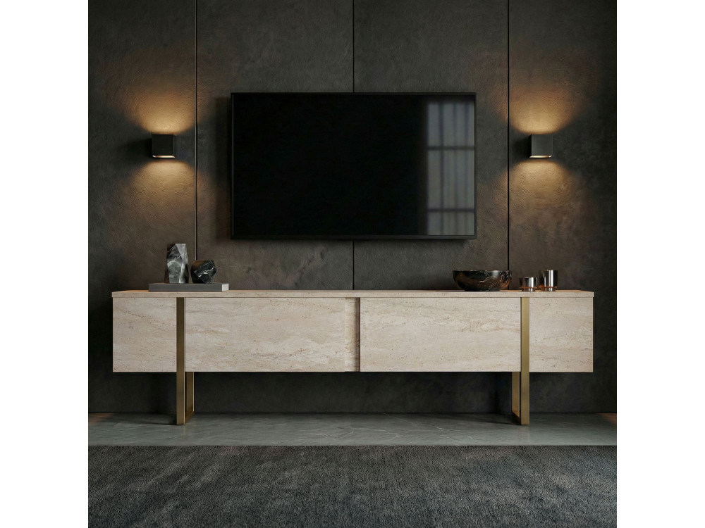 TV-Möbel aus Holz "Onera" - 180 x 30 x 50 cm - Travertin / Gold