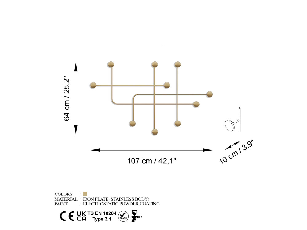 Wandhaken aus Metall "Samara" - 107 x 10 x 64 cm - Gold