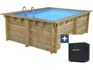 Rechteckiger Holzpool "Caimans 140" - 4,10 x 3,00 x 1,39 M + Mini-Wärmepumpe 3,5 kW - Metall - Grau