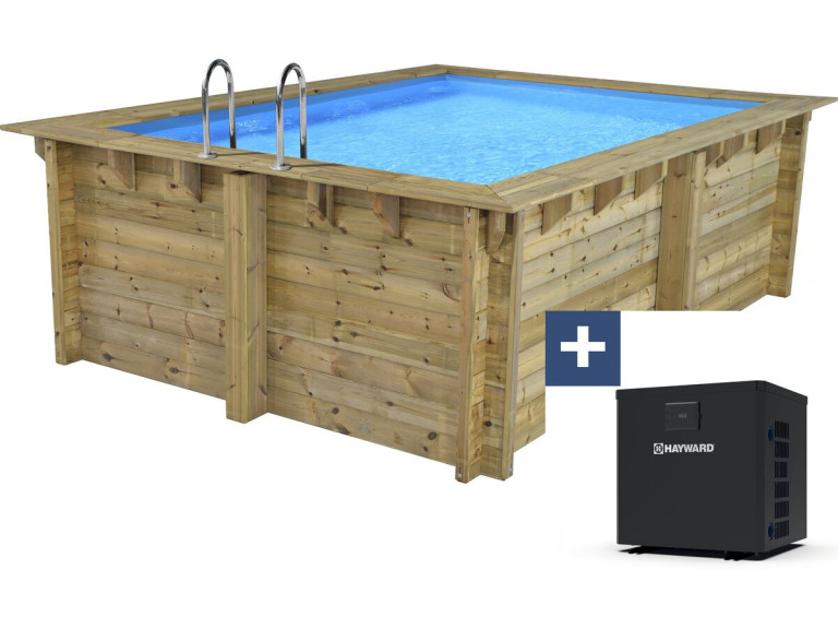 Rechteckiger Holzpool "Caimans 140" - 4,10 x 3,00 x 1,39 M + Mini-Wärmepumpe 3,5 kW - Metall - Grau