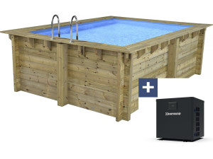 Rechteckiger Holzpool „Maldives “ – 3,20 x 3,20 x 1,24 M + 3,5 kW Mini-Wärmepumpe – Metall – Grau
