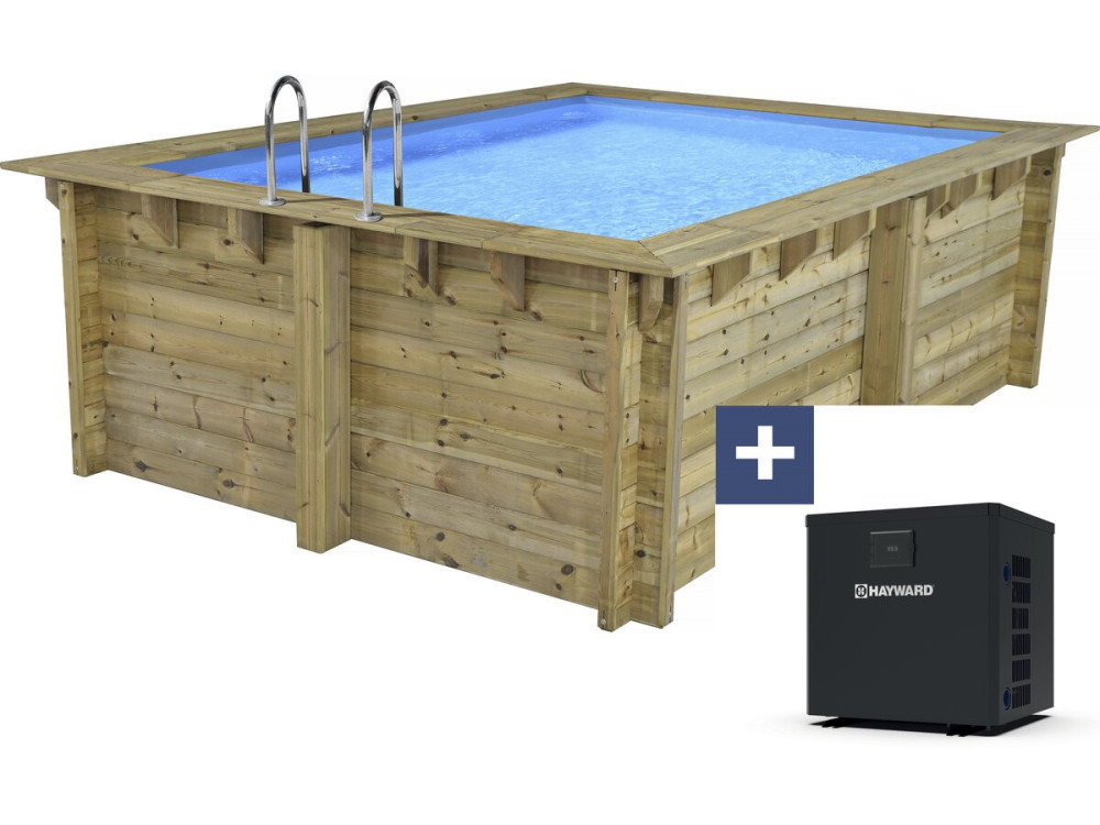 Rechteckiger Holzpool „Maldives “ – 3,20 x 3,20 x 1,24 M + 3,5 kW Mini-Wärmepumpe – Metall – Grau