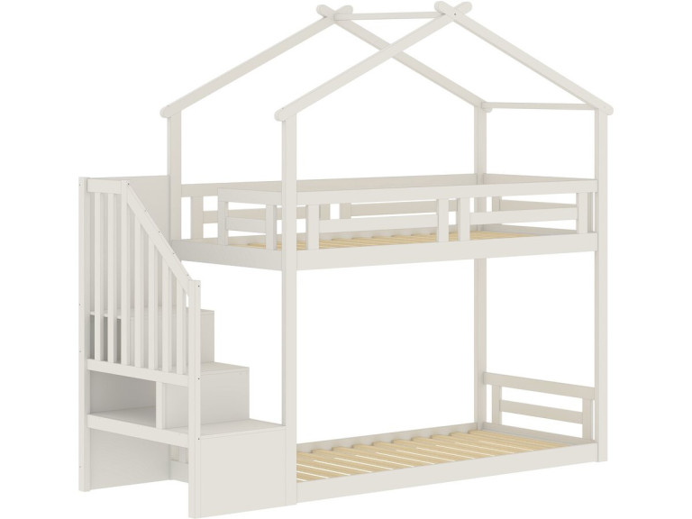 Etagenbett im Baumhausstil mit Holztreppe „Oriana“ – 90 x 190 cm – Beige