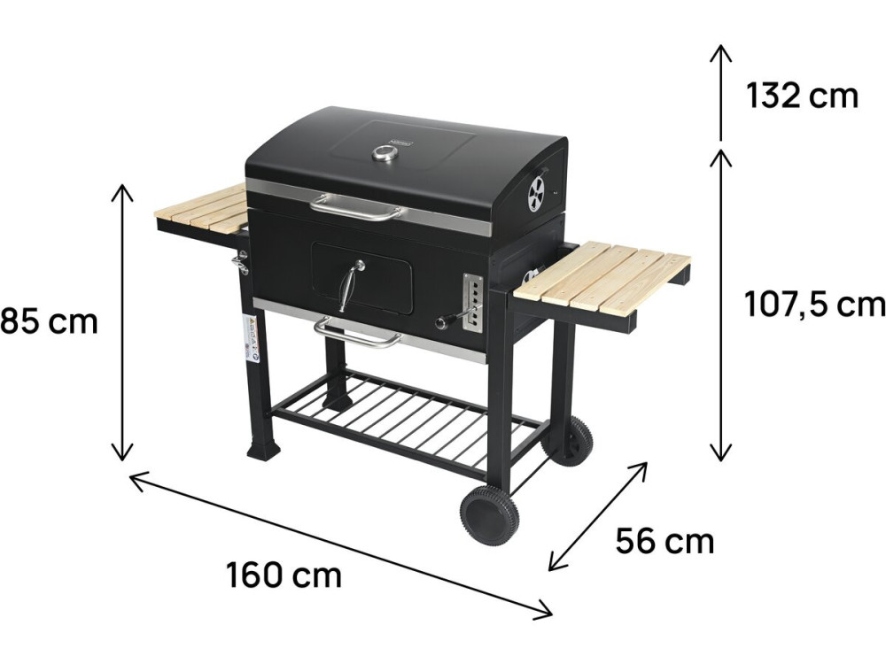 Kohlegrill mit Seitenablagen und verstellbaren Grillrosten "Marquis" - Schwarz