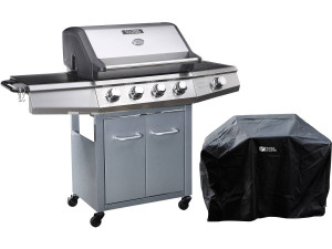 Gasgrill mit LED "Bingo 5" - 5 Brenner davon 1 Seitenbrenner - 15,2 kW + Schutzhülle - Silberfarben