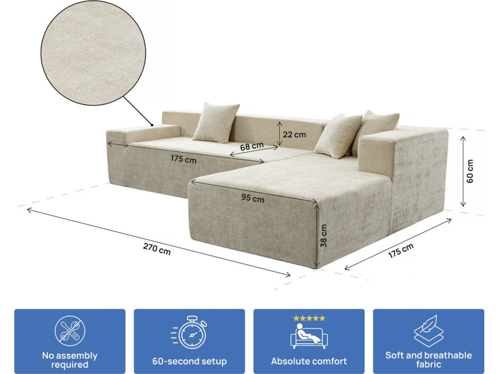 Ecksofa „Tessaro“ mit strukturiertem Stoffbezug – 4-Sitzer – Beige