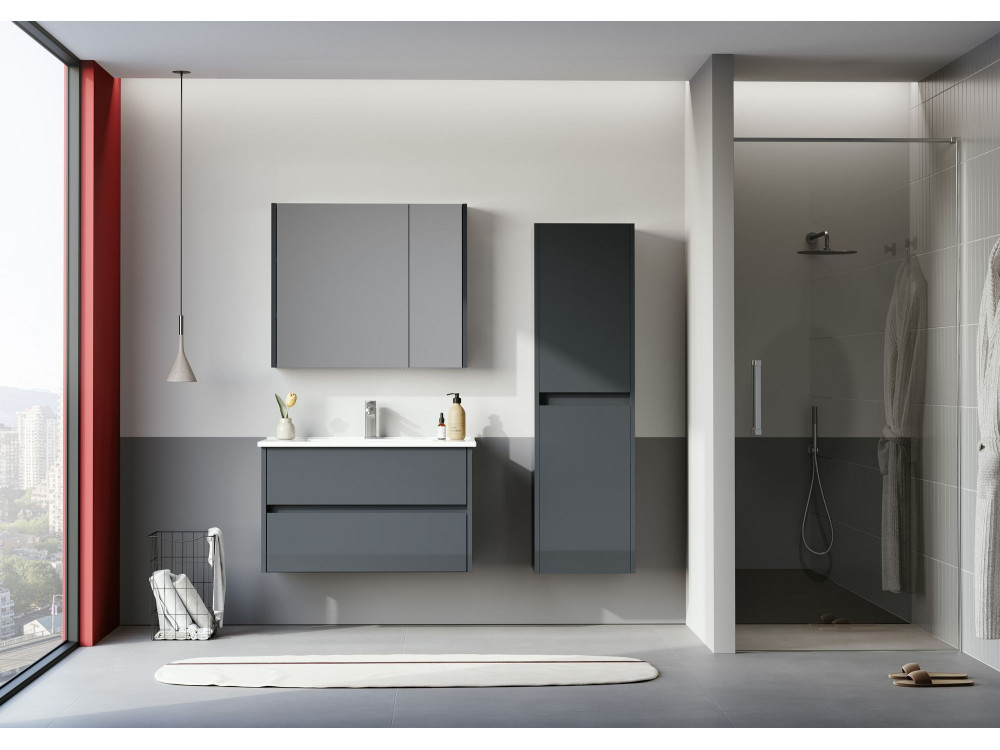 Badezimmerschrank mit Spiegel „Arno 80“ – 79 x 16 x 66 cm – Grau / Anthrazit