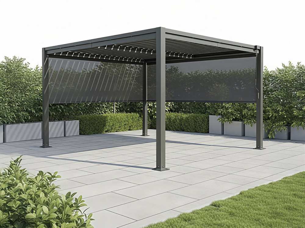 Bioklimatische Pergola mit 2 Markisen aus verzinktem Stahl "Howard" - 3 x 4 m - Grau