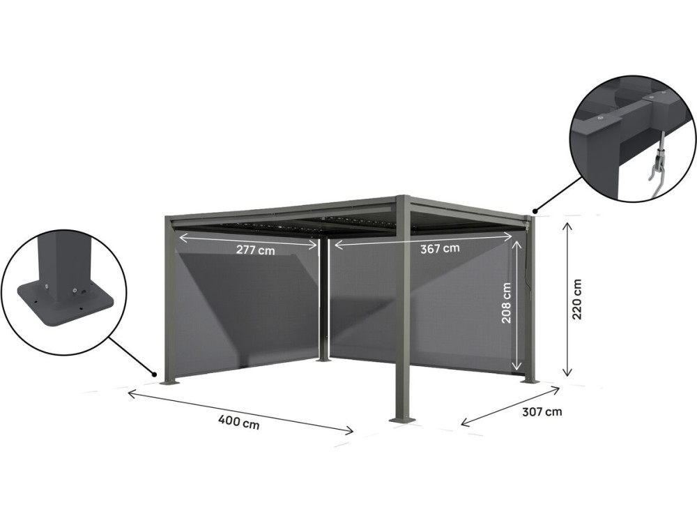 Bioklimatische Pergola mit 2 Markisen aus verzinktem Stahl "Howard" - 3 x 4 m - Grau