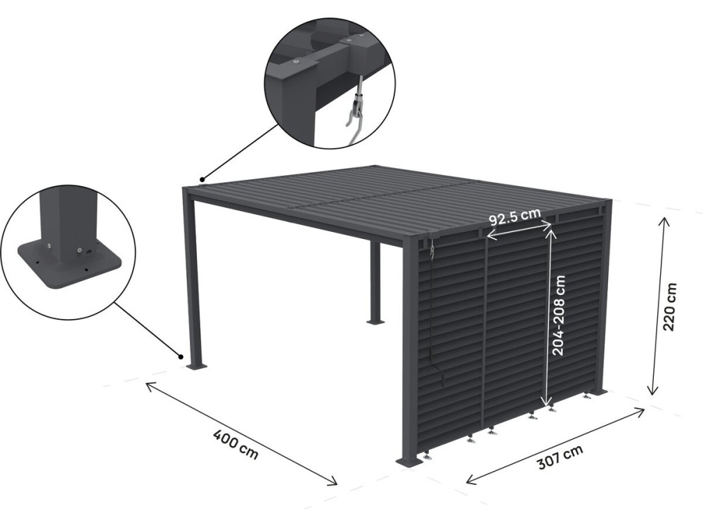 Bioklimatische Pergola mit 3 Jalousien aus verzinktem Stahl "Howard" - 3 x 4 m - Grau