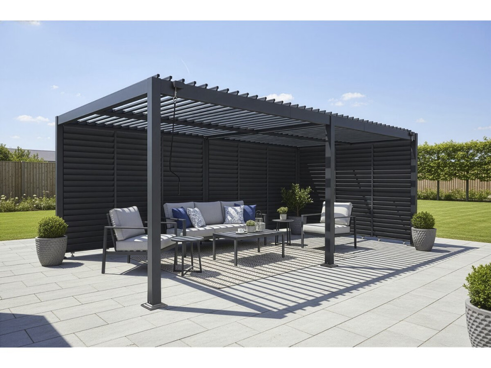 Bioklimatische Pergola mit 9 Aluminium-Lamellen „Kensington“ – 3 x 6 m – Grau