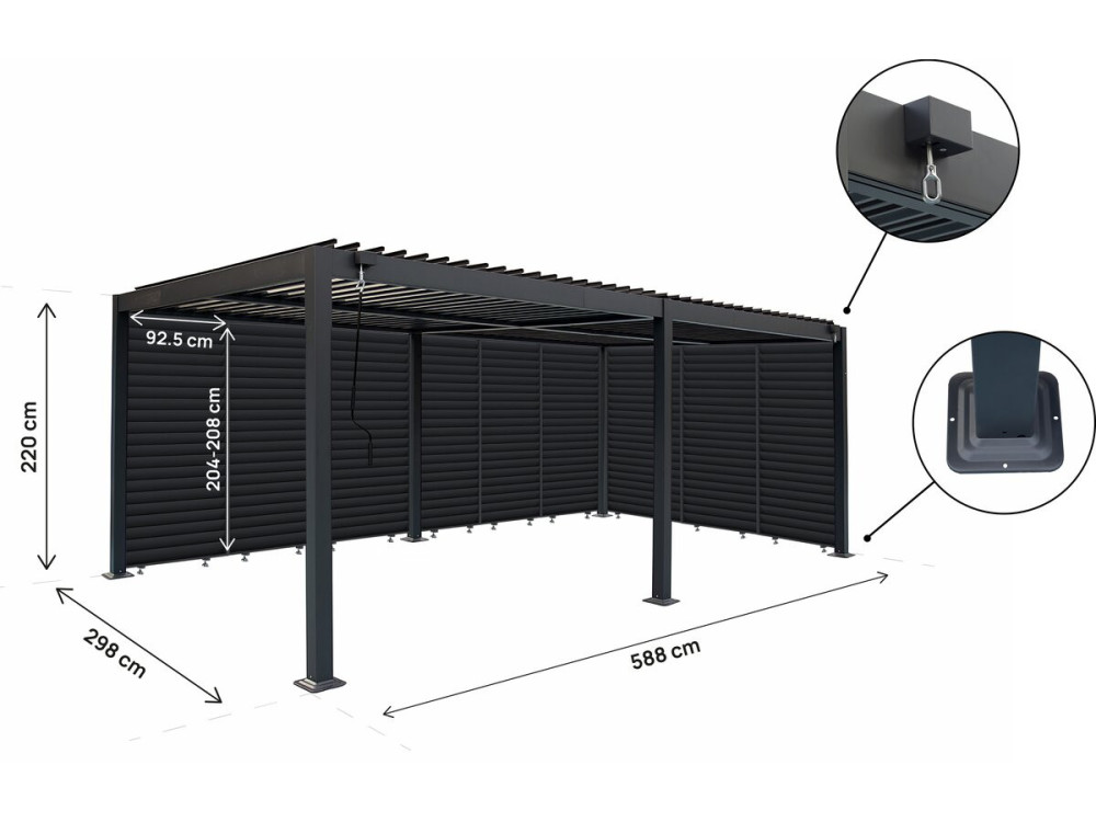 Bioklimatische Pergola mit 9 Aluminium-Lamellen „Kensington“ – 3 x 6 m – Grau