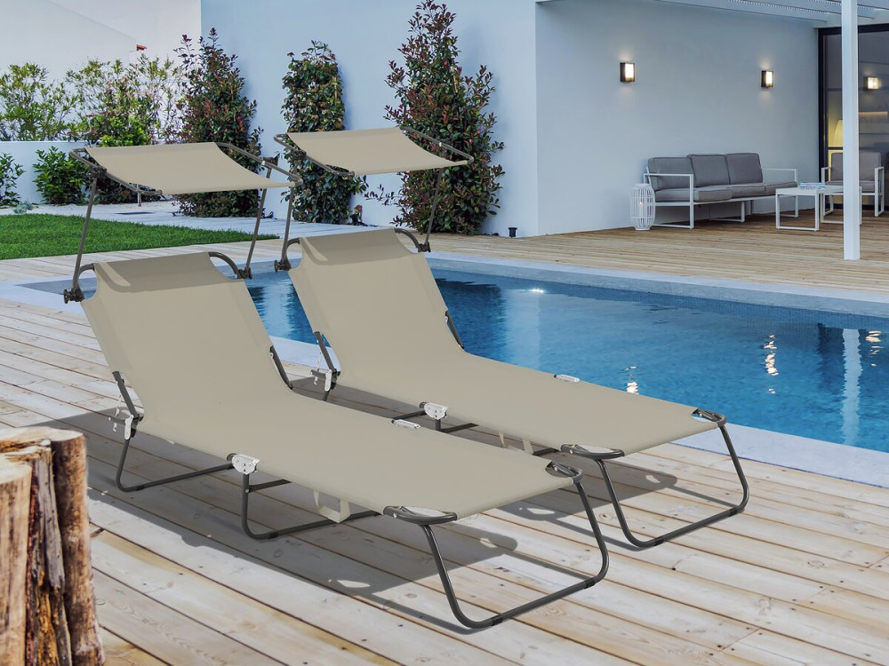 Klappbare Sonnenliegen 2er-Set "Lazy" - Mit Sonnenschutz - Taupe