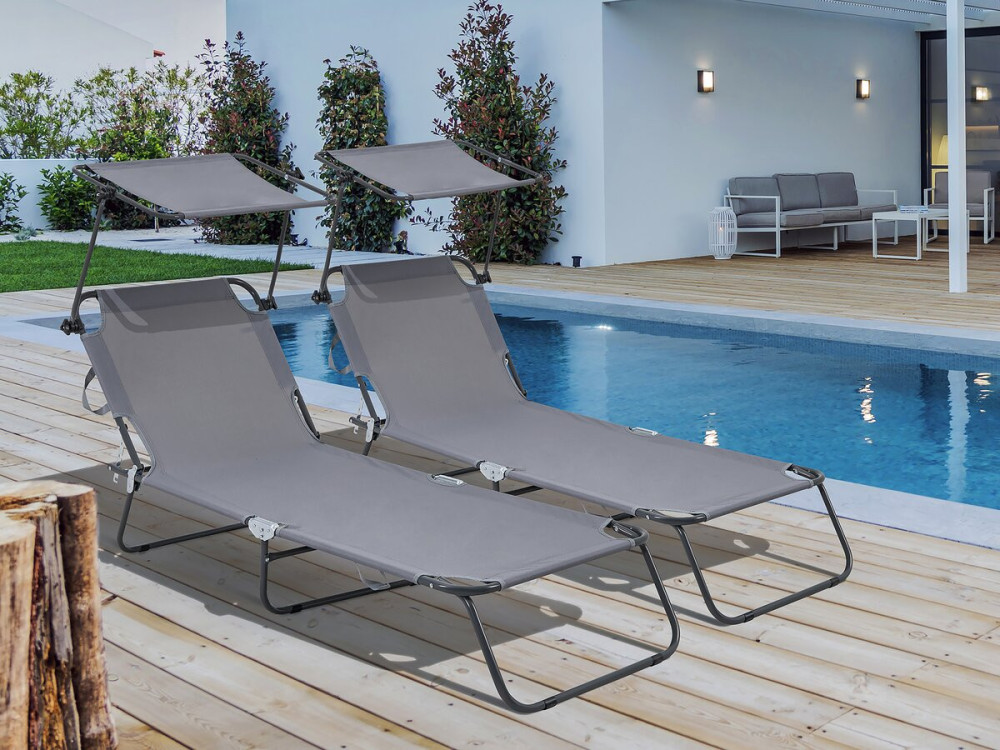 Klappbare Sonnenliegen 2er-Set "Lazy" - Mit Sonnenschutz - Grau