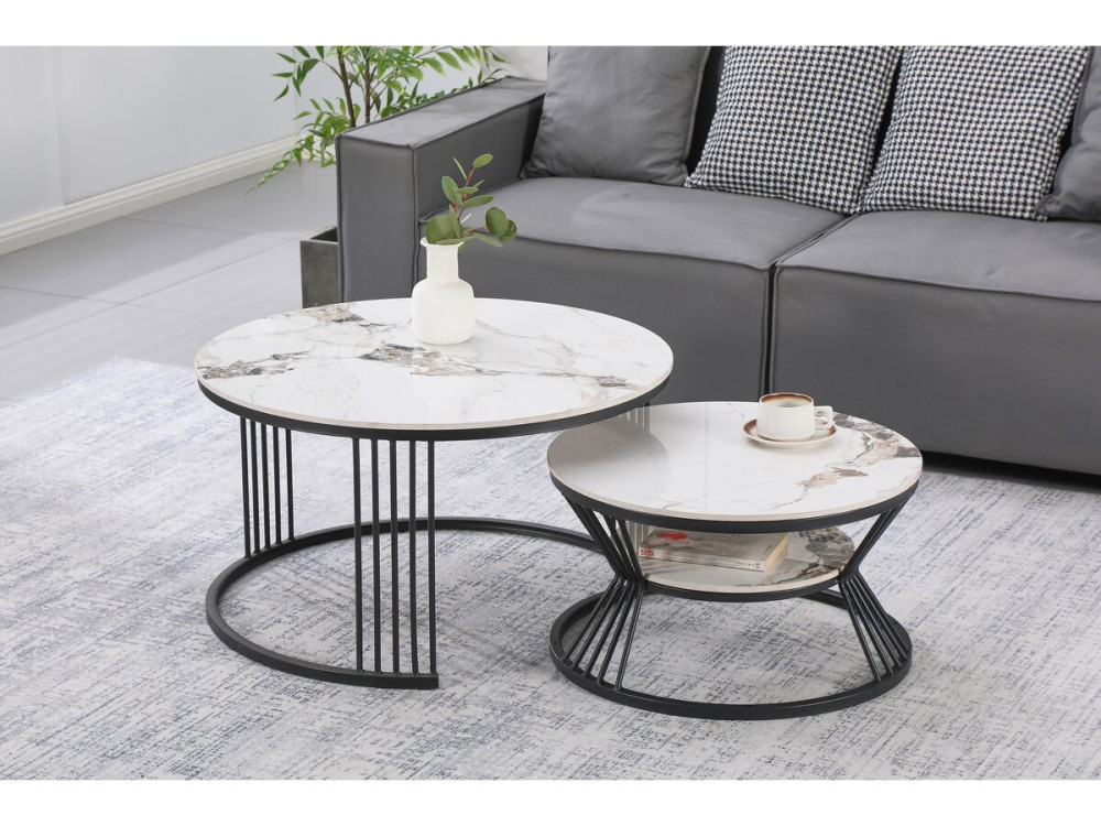 2er-Set Couchtische aus Keramik "Ombre" - 70 x 70 x 45 cm - Weiß