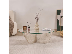 Couchtisch aus Glas "Liya" 90 x 90 x 30 cm - Travertin 2