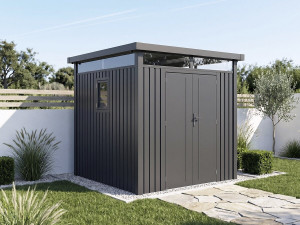 Premium-Gartenhaus aus Metall mit Flachdach und Flügeltür „Lexinton“ – 5,29 m² – Grau 2
